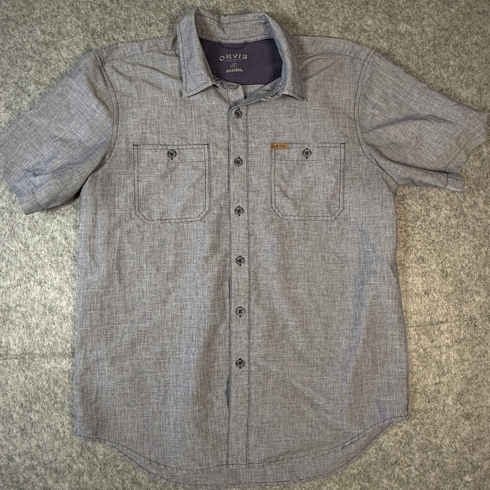 Orvis Button Down Shirt Men M Blue Micro-Stripe Short Sleeve Mesh Yoke
